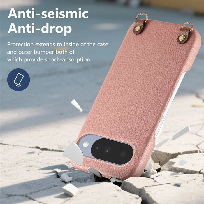 Litchi Pattern Case For Google Pixel 10 Pro  /  10 with Lanyard Shockproof PC PU Leather Cover - Pink - 4