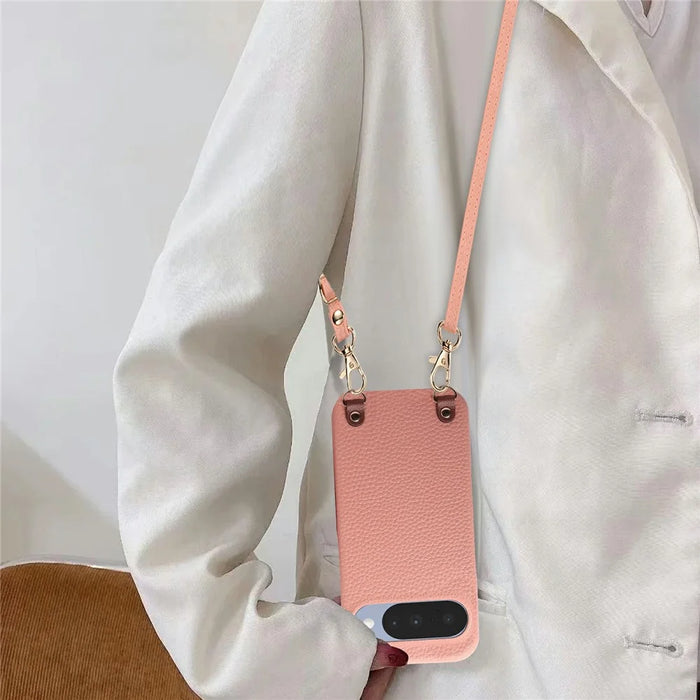 Litchi Pattern Case For Google Pixel 10 Pro  /  10 with Lanyard Shockproof PC PU Leather Cover - Pink - 7