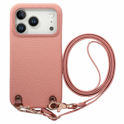 For iPhone 17 Pro Litchi Pattern Case with Lanyard Shockproof PC PU Leather Cover - Pink - 1