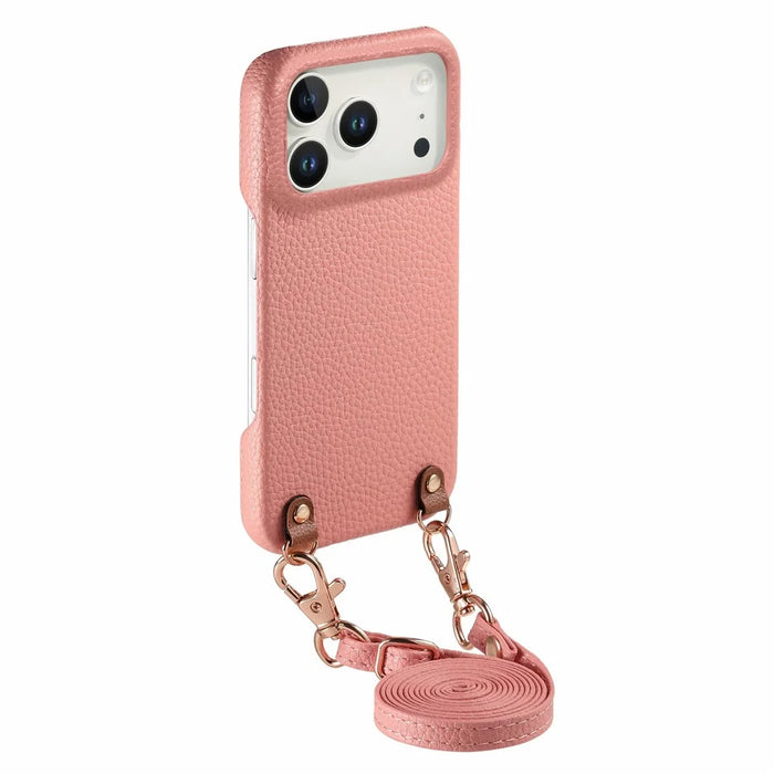 For iPhone 17 Pro Litchi Pattern Case with Lanyard Shockproof PC PU Leather Cover - Pink - 2