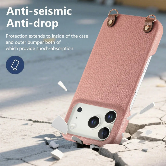 For iPhone 17 Pro Litchi Pattern Case with Lanyard Shockproof PC PU Leather Cover - Pink - 4