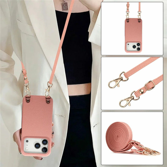 For iPhone 17 Pro Litchi Pattern Case with Lanyard Shockproof PC PU Leather Cover - Pink - 6