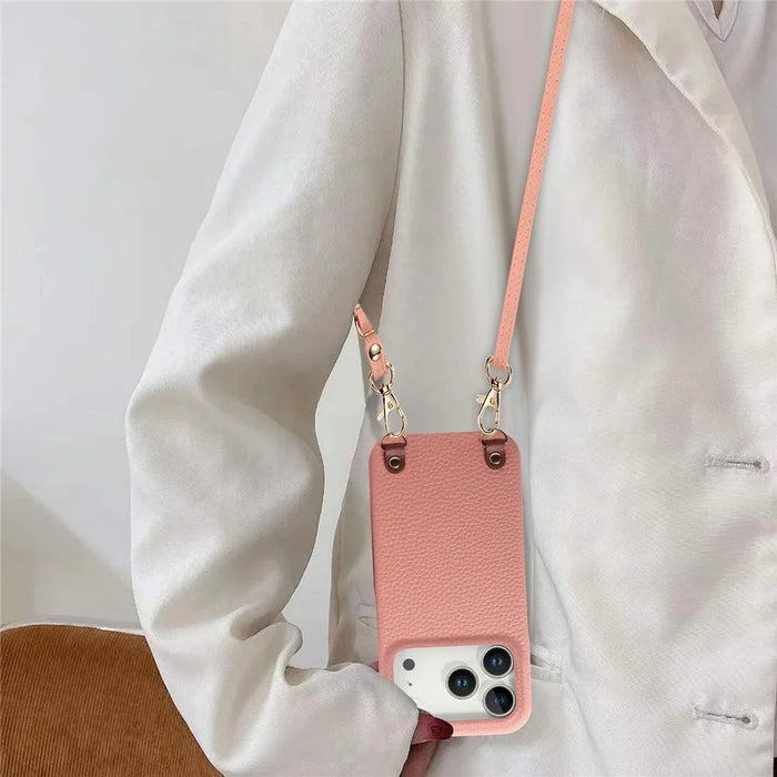 For iPhone 17 Pro Litchi Pattern Case with Lanyard Shockproof PC PU Leather Cover - Pink - 7