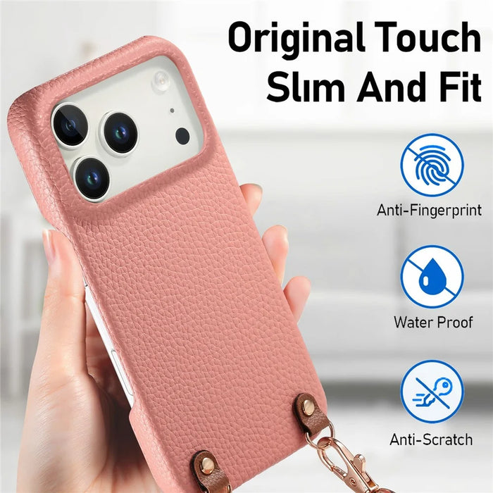 For iPhone 17 Pro Max Litchi Pattern Case with Lanyard Shockproof PC PU Leather Cover - Pink - 5