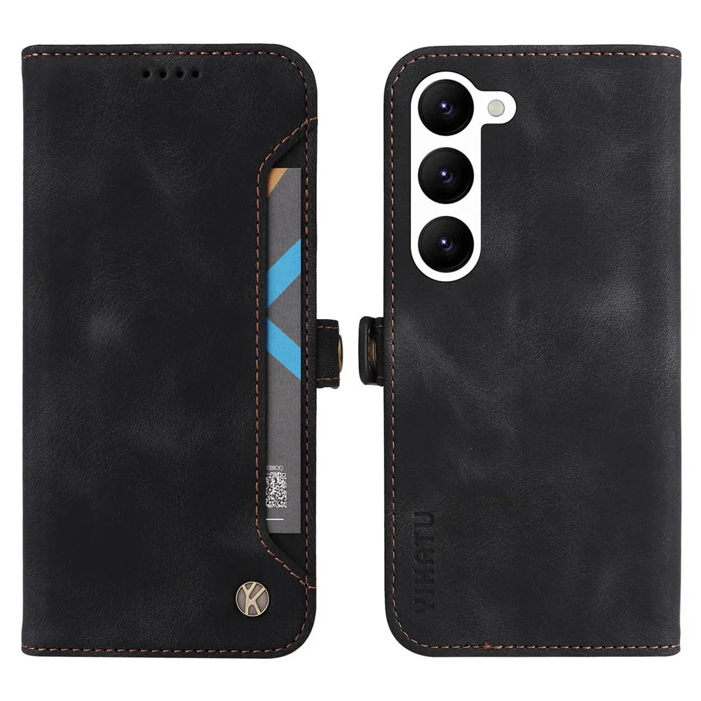 YIKATU YK-002 For Samsung Galaxy S23 Skin-touch Feeling Wallet Case with Outer Card Slot, Stand Feature PU Leather Magnetic Protect Flip Phone Cover  - Black - 1