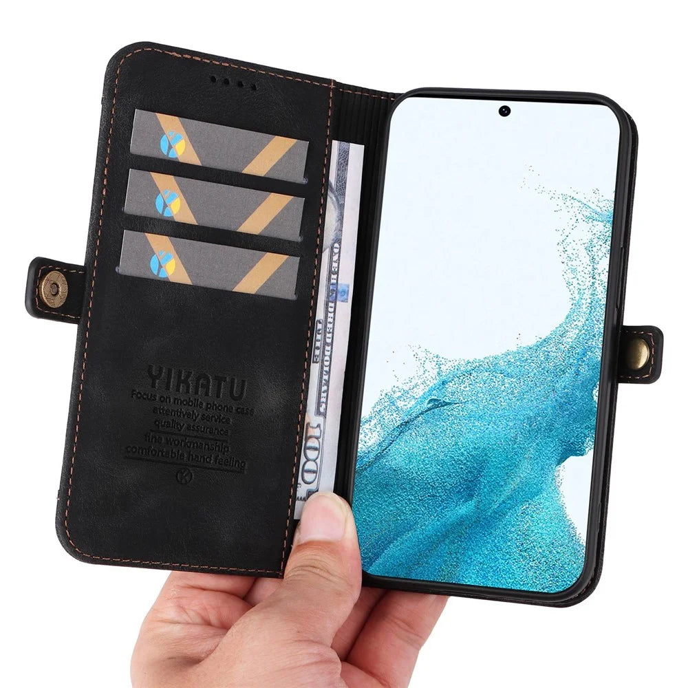YIKATU YK-002 For Samsung Galaxy S23 Skin-touch Feeling Wallet Case with Outer Card Slot, Stand Feature PU Leather Magnetic Protect Flip Phone Cover  - Black - 6