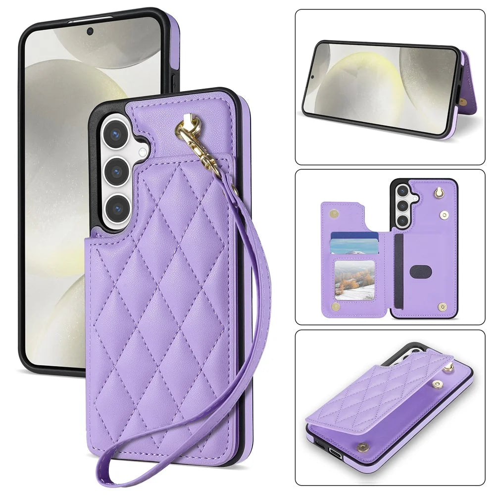 For Samsung Galaxy S26 Case with Wrist Strap Card Slots Rhombus Leather + TPU Phone Cover - Purple - 1