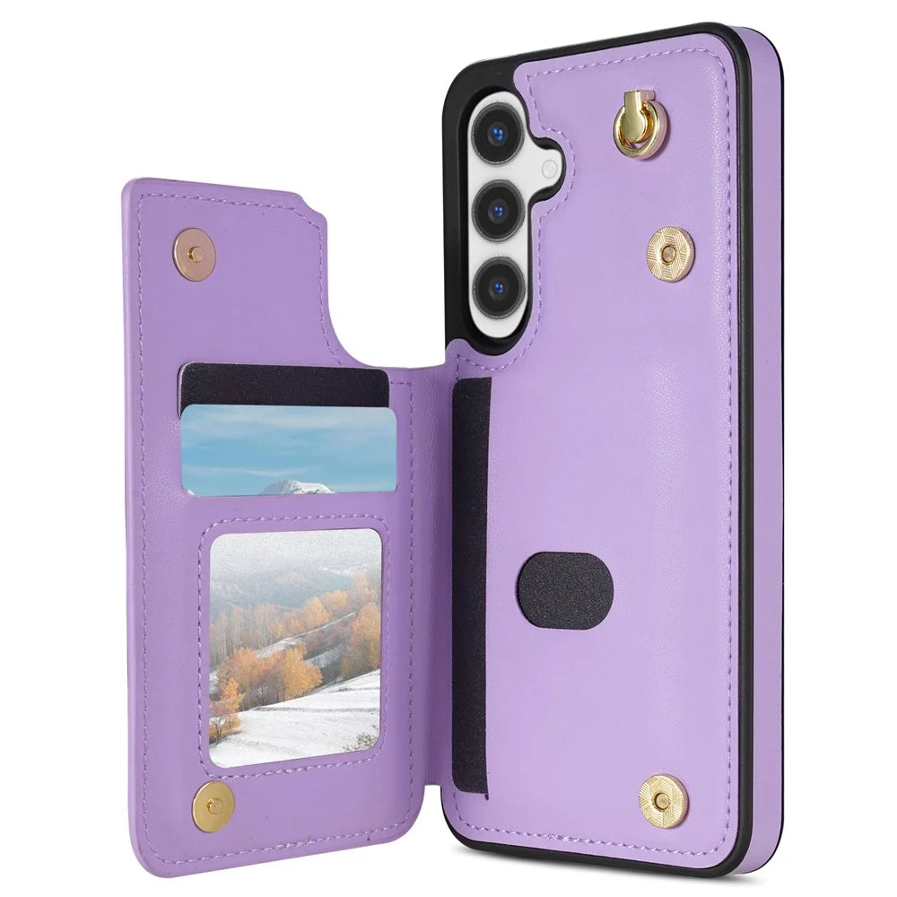 For Samsung Galaxy S26 Case with Wrist Strap Card Slots Rhombus Leather + TPU Phone Cover - Purple - 2