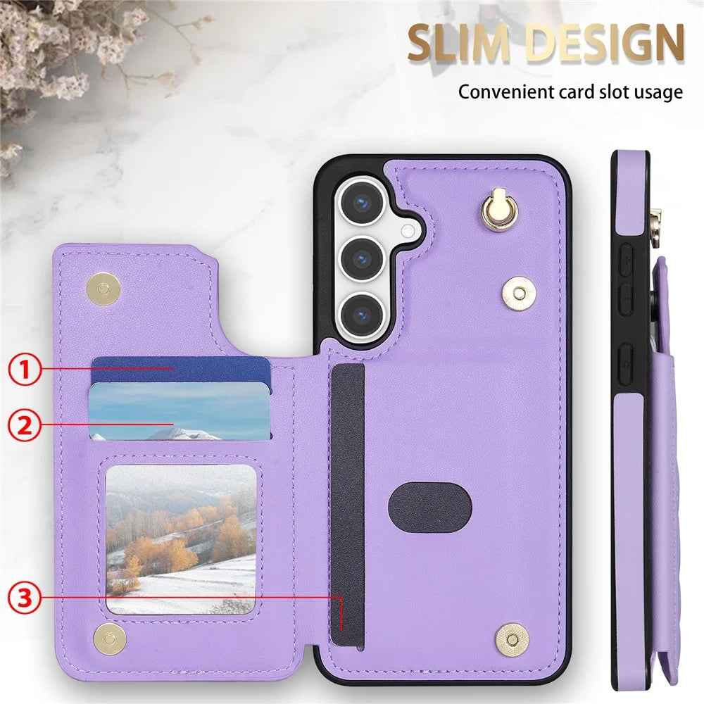 For Samsung Galaxy S26 Case with Wrist Strap Card Slots Rhombus Leather + TPU Phone Cover - Purple - 6