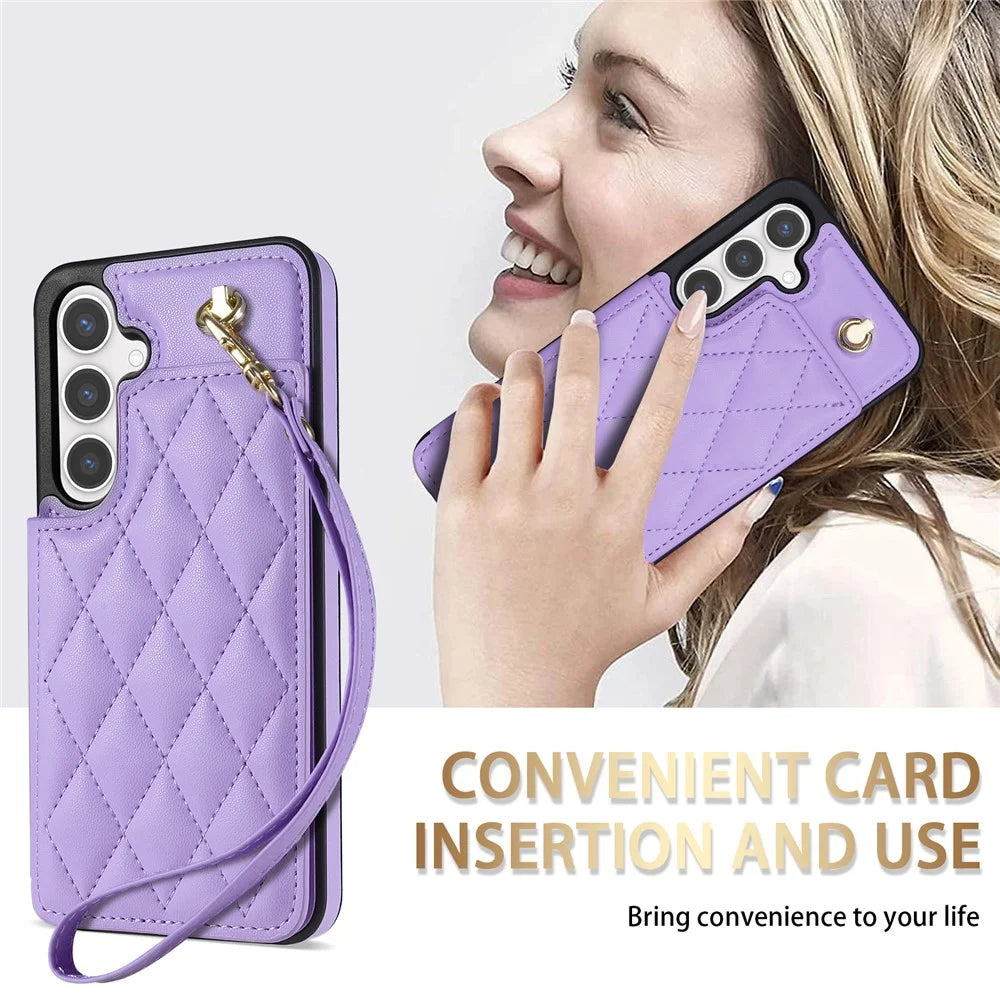 For Samsung Galaxy S26 Case with Wrist Strap Card Slots Rhombus Leather + TPU Phone Cover - Purple - 7