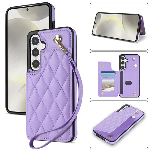 For Samsung Galaxy S26+ Case with Wrist Strap Card Slots Rhombus Leather + TPU Phone Cover - Purple - 1
