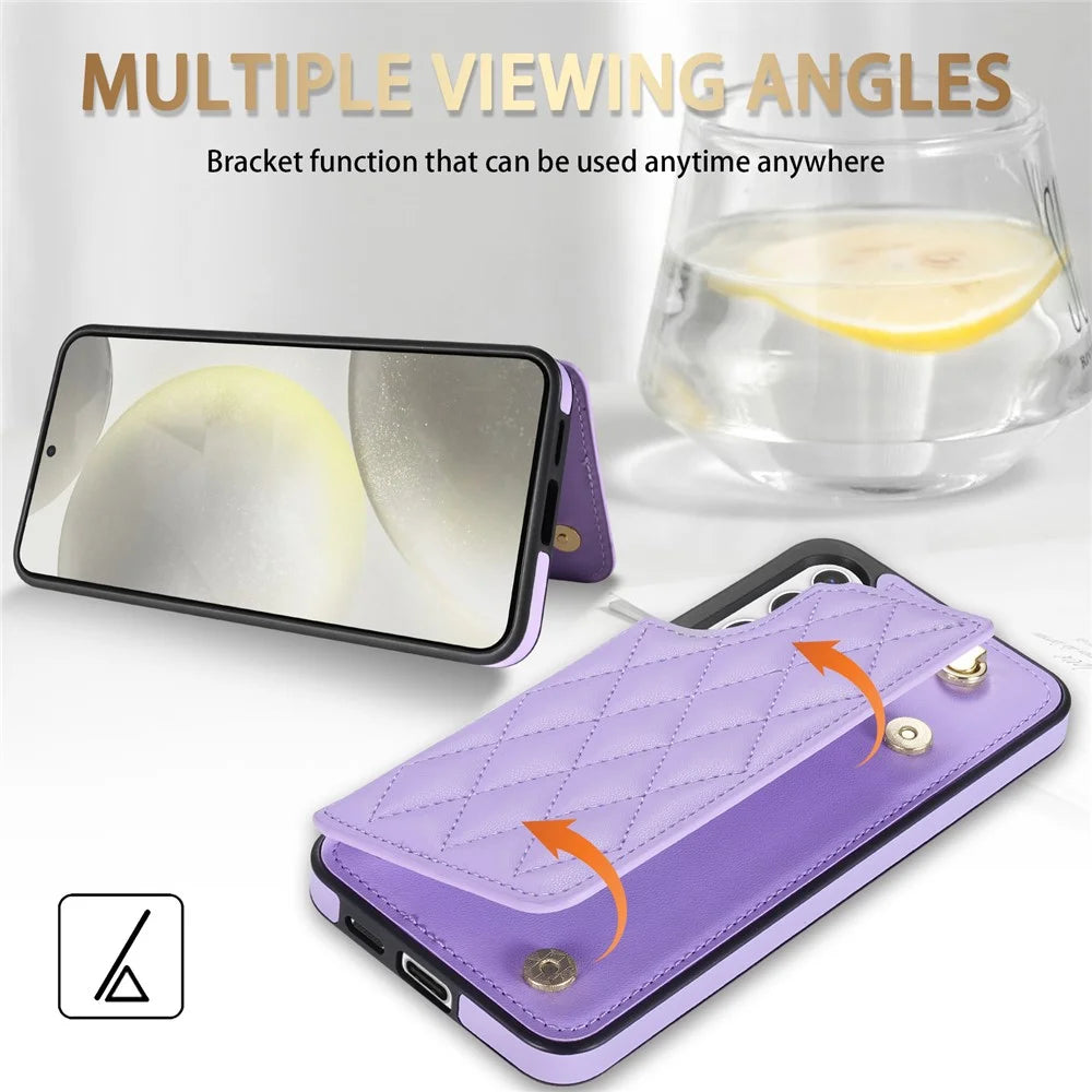For Samsung Galaxy S26+ Case with Wrist Strap Card Slots Rhombus Leather + TPU Phone Cover - Purple - 4