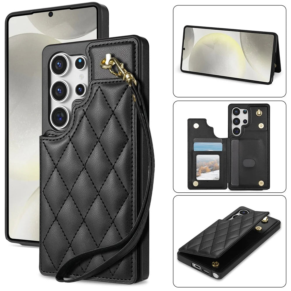For Samsung Galaxy S26 Ultra Case with Wrist Strap Card Slots Rhombus Leather + TPU Phone Cover - Black - 1