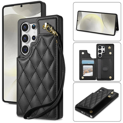 For Samsung Galaxy S26 Ultra Case with Wrist Strap Card Slots Rhombus Leather + TPU Phone Cover - Black - 1