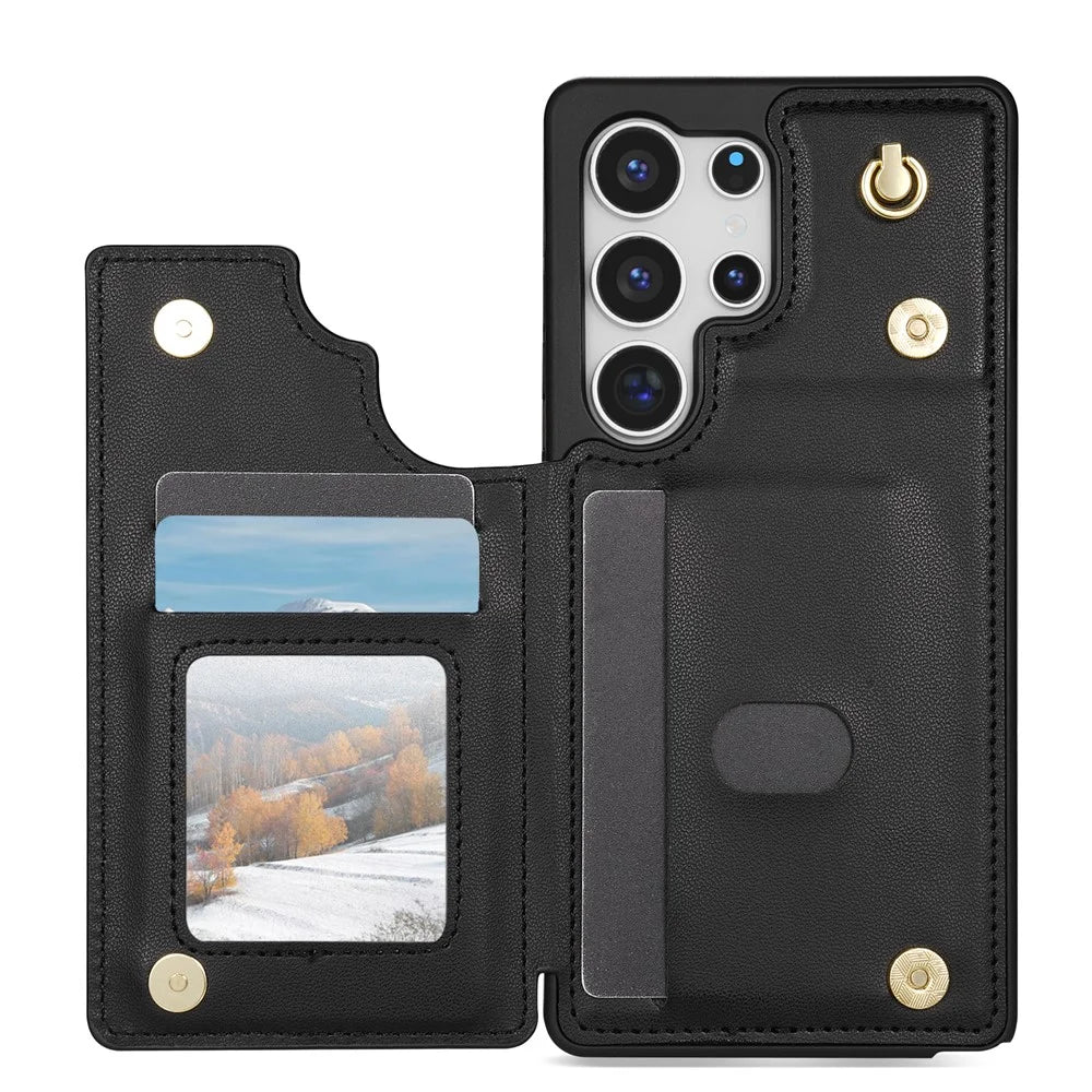 For Samsung Galaxy S26 Ultra Case with Wrist Strap Card Slots Rhombus Leather + TPU Phone Cover - Black - 2