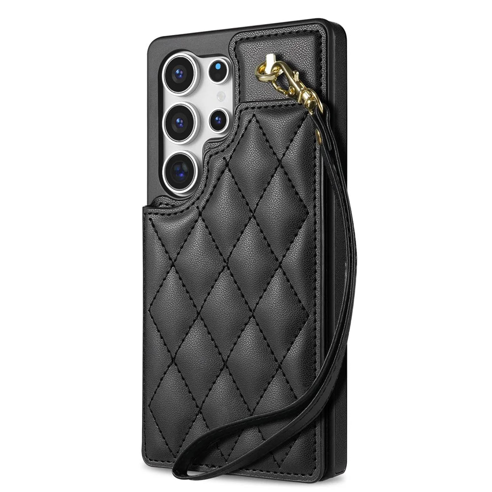 For Samsung Galaxy S26 Ultra Case with Wrist Strap Card Slots Rhombus Leather + TPU Phone Cover - Black - 4