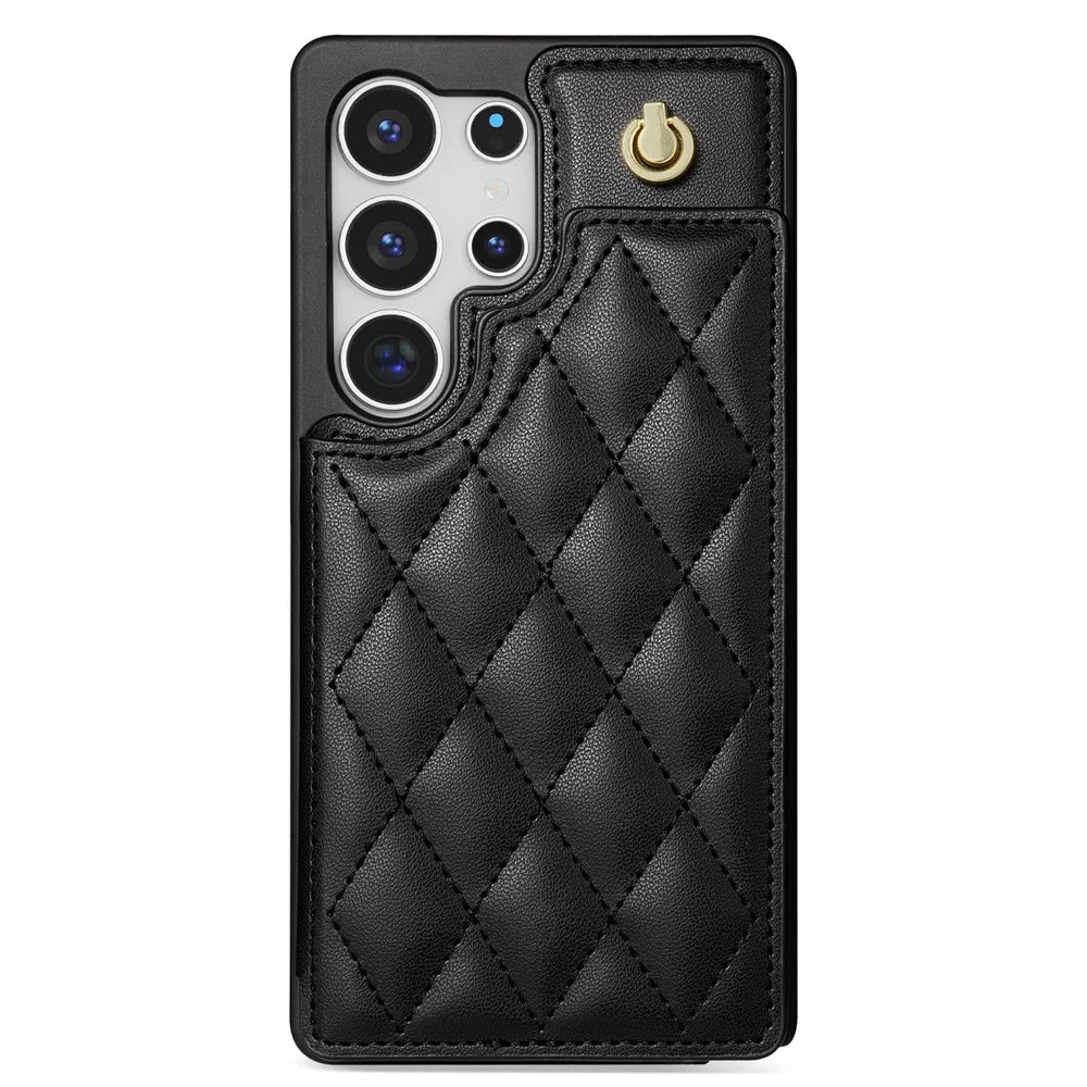 For Samsung Galaxy S26 Ultra Case with Wrist Strap Card Slots Rhombus Leather + TPU Phone Cover - Black - 5