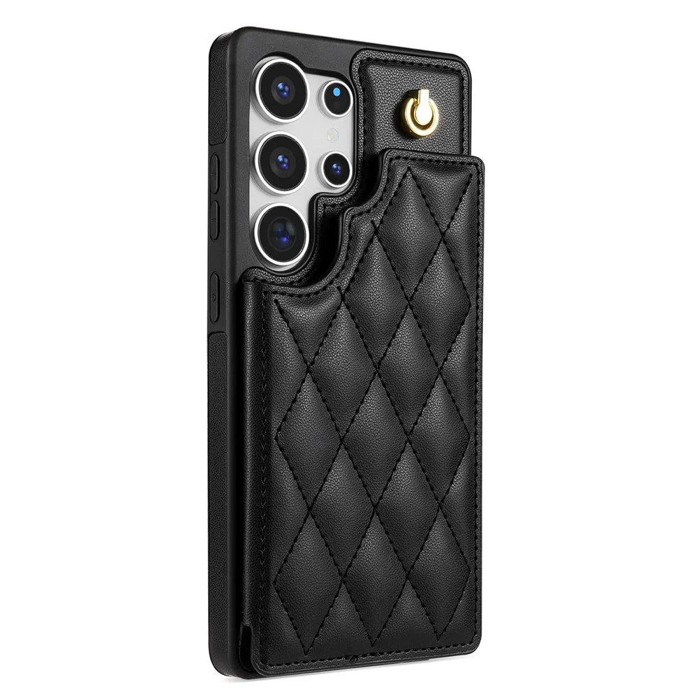 For Samsung Galaxy S26 Ultra Case with Wrist Strap Card Slots Rhombus Leather + TPU Phone Cover - Black - 6