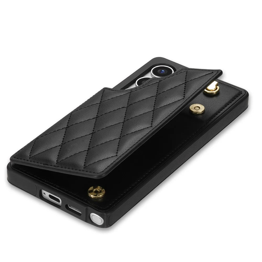 For Samsung Galaxy S26 Ultra Case with Wrist Strap Card Slots Rhombus Leather + TPU Phone Cover - Black - 7