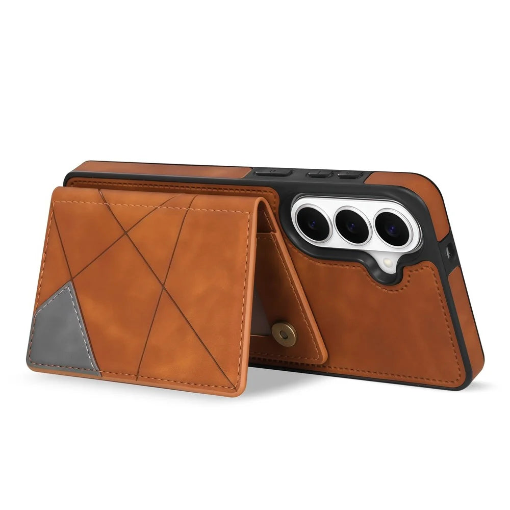 For Samsung Galaxy S26 Case Line Imprinted Color Splicing Leather Phone Cover - Orange - 3