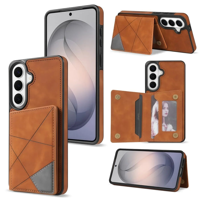 For Samsung Galaxy S26+ Case Line Imprinted Color Splicing Leather Phone Cover - Orange - 1