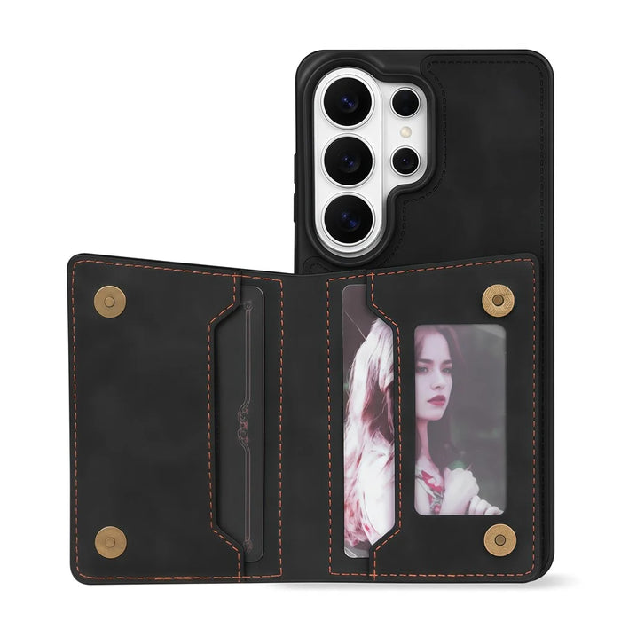 For Samsung Galaxy S26 Ultra Case Line Imprinted Color Splicing Leather Phone Cover - Black - 2