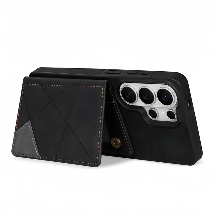 For Samsung Galaxy S26 Ultra Case Line Imprinted Color Splicing Leather Phone Cover - Black - 3