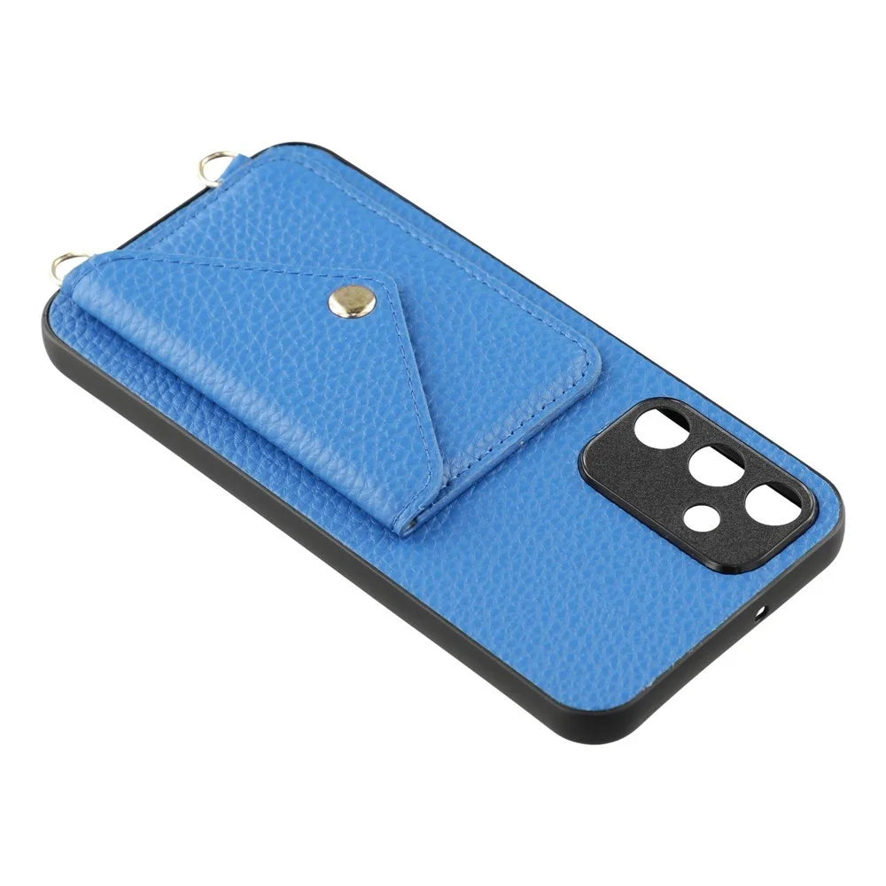 For Samsung Galaxy A26 5G Case Card Holder Litchi Texture PU Leather + TPU Phone Cover with Straps - Blue - 6