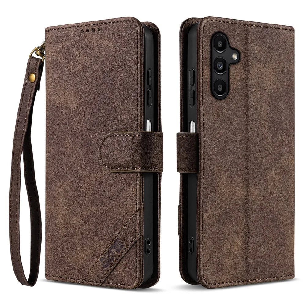 AZNS A2 for Samsung Galaxy A05s 4G Leather Case with Wrist Strap RFID Blocking Wallet Stand Phone Cover - Brown - 1