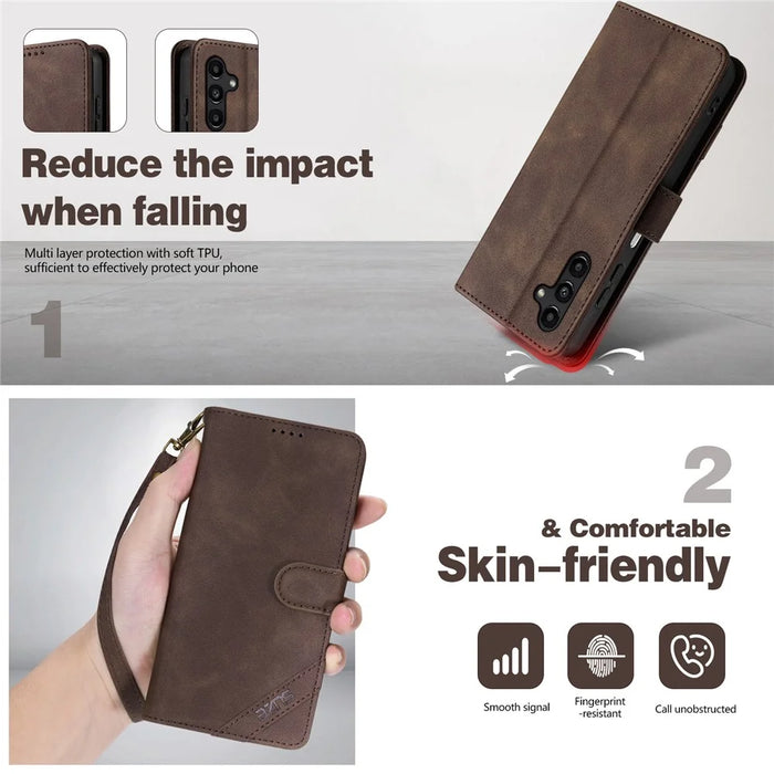 AZNS A2 for Samsung Galaxy A05s 4G Leather Case with Wrist Strap RFID Blocking Wallet Stand Phone Cover - Brown - 4