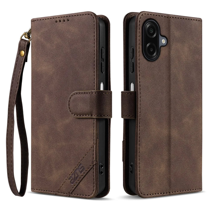 AZNS A2 Leather Case for Samsung Galaxy A06 4G  /  5G RFID Blocking Wallet Stand Phone Cover with Wrist Strap - Brown - 1