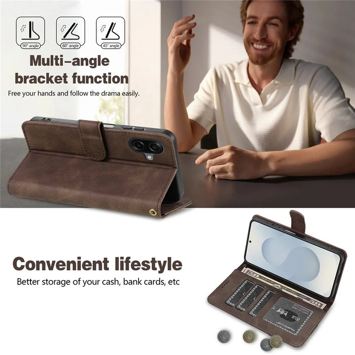 AZNS A2 Leather Case for Samsung Galaxy A06 4G  /  5G RFID Blocking Wallet Stand Phone Cover with Wrist Strap - Brown - 5