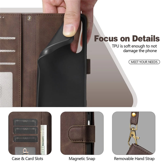 AZNS A2 Leather Case for Samsung Galaxy A06 4G  /  5G RFID Blocking Wallet Stand Phone Cover with Wrist Strap - Brown - 6