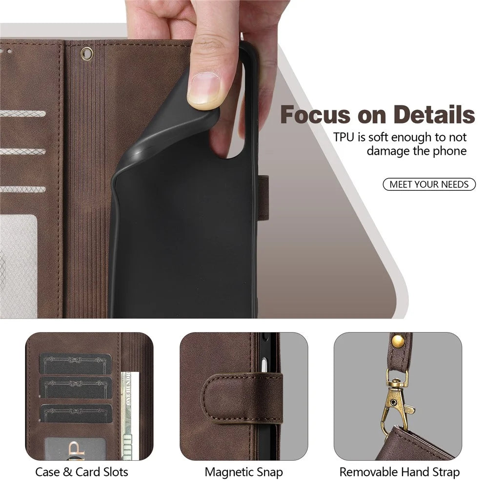 AZNS A2 for Samsung Galaxy A16 4G / A16 5G Leather Case with Wrist Strap RFID Blocking Wallet Stand Phone Cover - Brown - 6