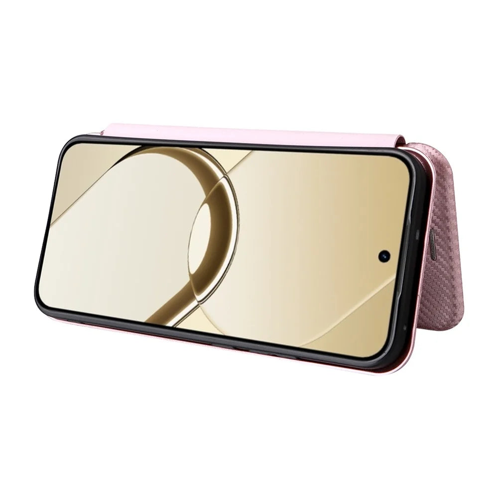 For Realme 16 5G Phone Case Carbon Fiber Texture Drop-Proof PU Leather Phone Cover - Rose Gold - 4