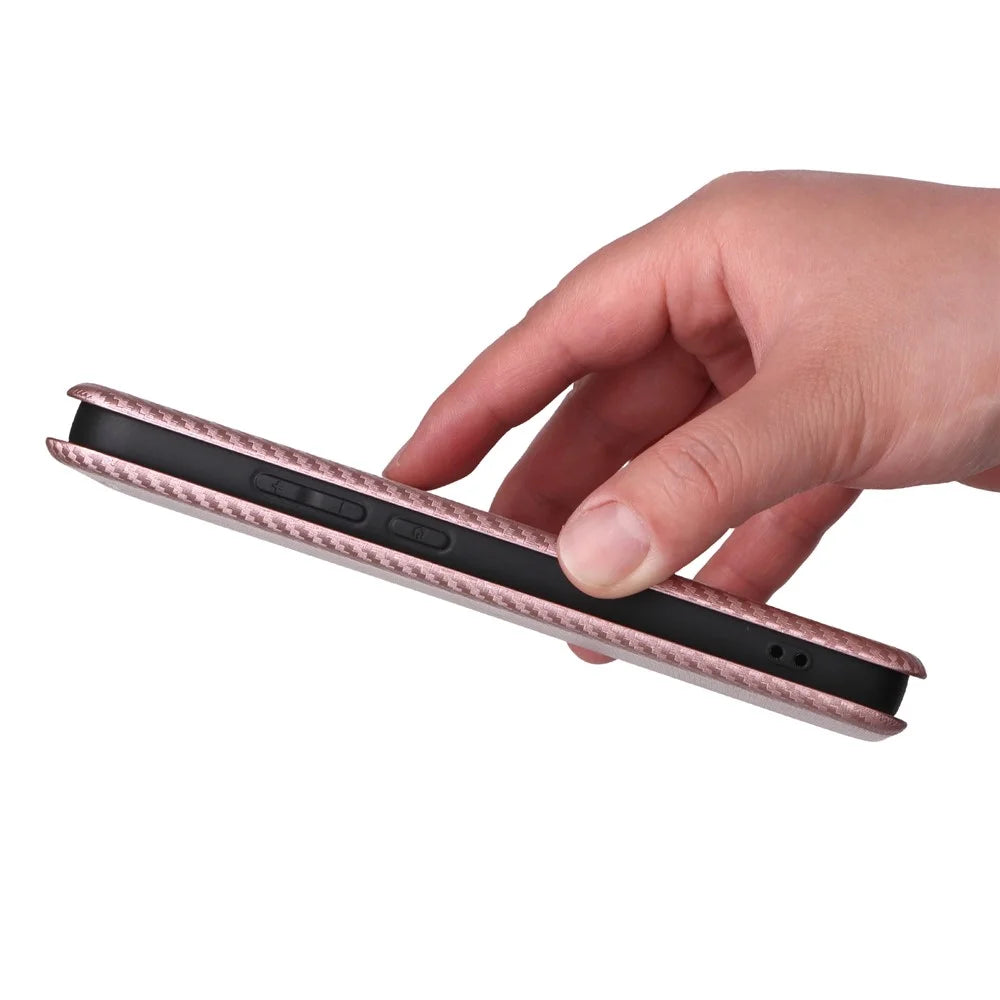 For Realme 16 5G Phone Case Carbon Fiber Texture Drop-Proof PU Leather Phone Cover - Rose Gold - 5