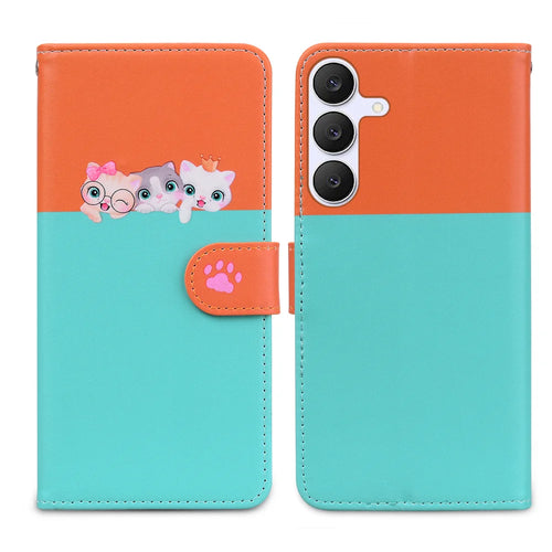 For Samsung Galaxy S25 FE Cartoon Pet Series  Wallet Phone Case Splicing Leather Flip Cover - Sky Blue - 1