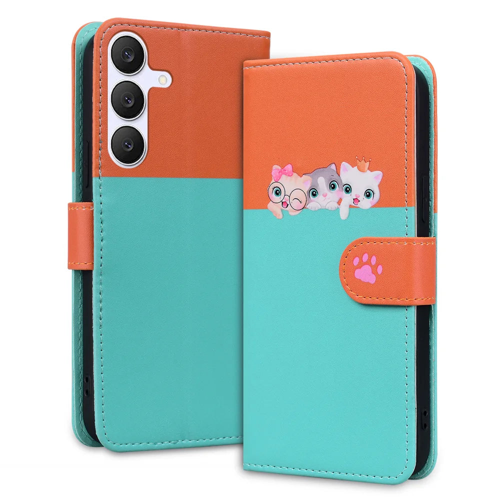 For Samsung Galaxy S25 FE Cartoon Pet Series  Wallet Phone Case Splicing Leather Flip Cover - Sky Blue - 2