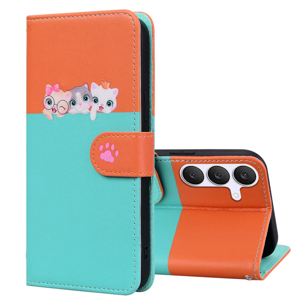 For Samsung Galaxy S25 FE Cartoon Pet Series  Wallet Phone Case Splicing Leather Flip Cover - Sky Blue - 3