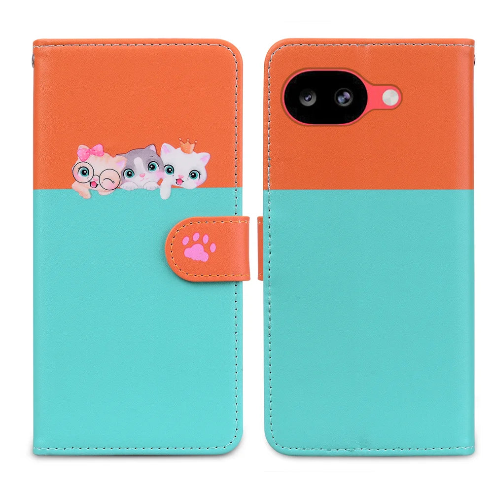 For Google Pixel 10a Cartoon Pet Series  Wallet Phone Case Splicing Leather Flip Cover - Sky Blue - 1