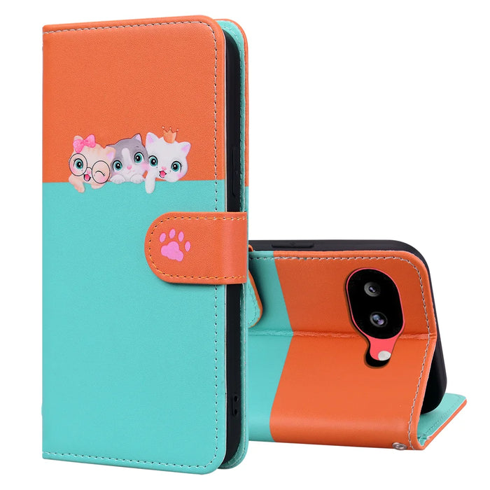 For Google Pixel 10a Cartoon Pet Series  Wallet Phone Case Splicing Leather Flip Cover - Sky Blue - 3