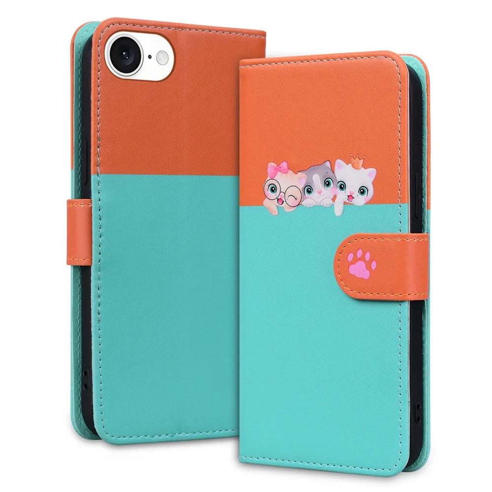 For iPhone 16e / iPhone 17e Cartoon Pet Series  Wallet Phone Case Splicing Leather Flip Cover - Sky Blue - 2