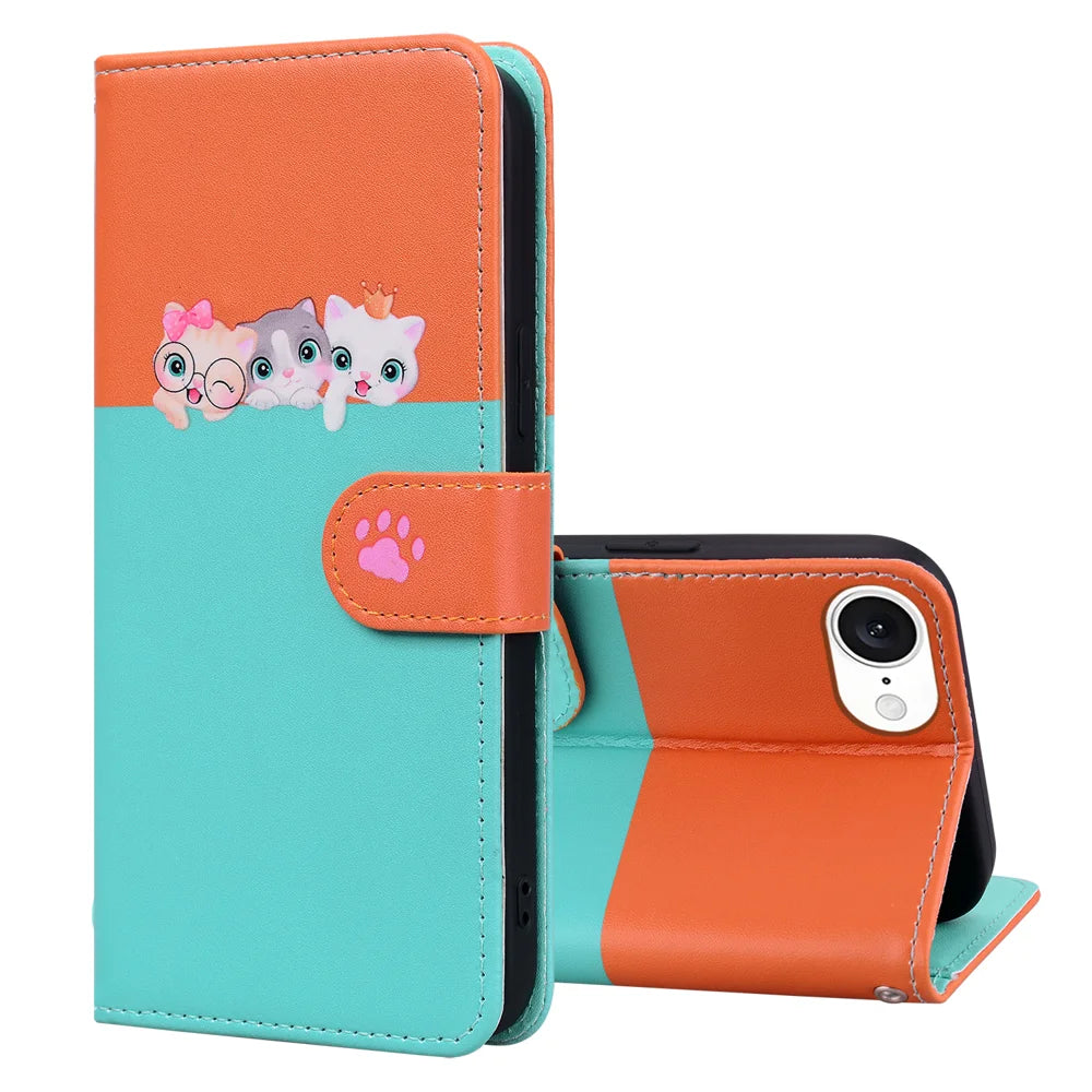 For iPhone 16e / iPhone 17e Cartoon Pet Series  Wallet Phone Case Splicing Leather Flip Cover - Sky Blue - 3