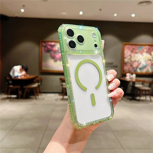 For iPhone 18 Pro / 17 Pro Magnetic Phone Case Sparkling Rhinestone Decor TPU + Acrylic Transparent Cover Compatible with MagSafe - Green - 1