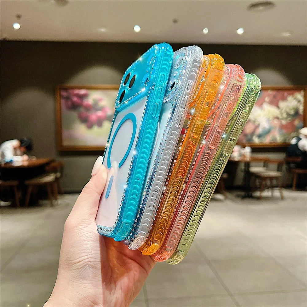 For iPhone 18 Pro / 17 Pro Magnetic Phone Case Sparkling Rhinestone Decor TPU + Acrylic Transparent Cover Compatible with MagSafe - Green - 4