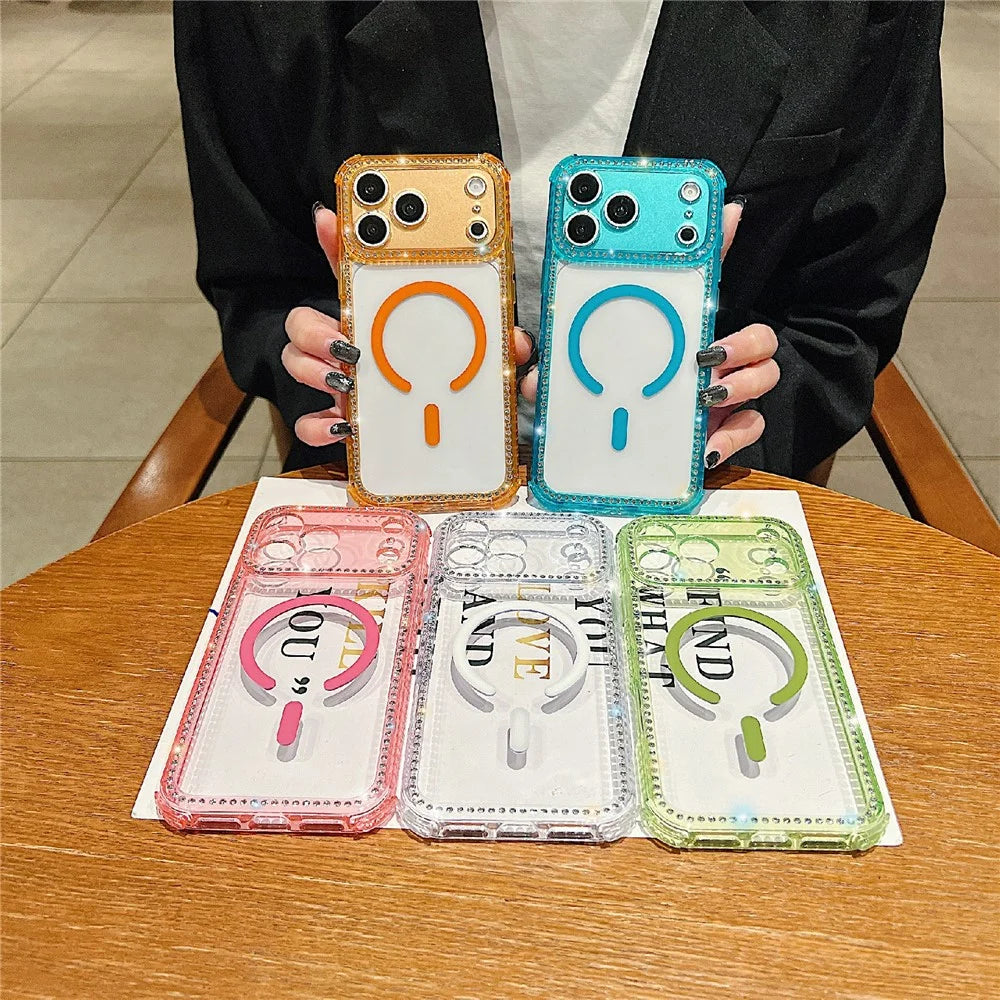 For iPhone 18 Pro / 17 Pro Magnetic Phone Case Sparkling Rhinestone Decor TPU + Acrylic Transparent Cover Compatible with MagSafe - Green - 7