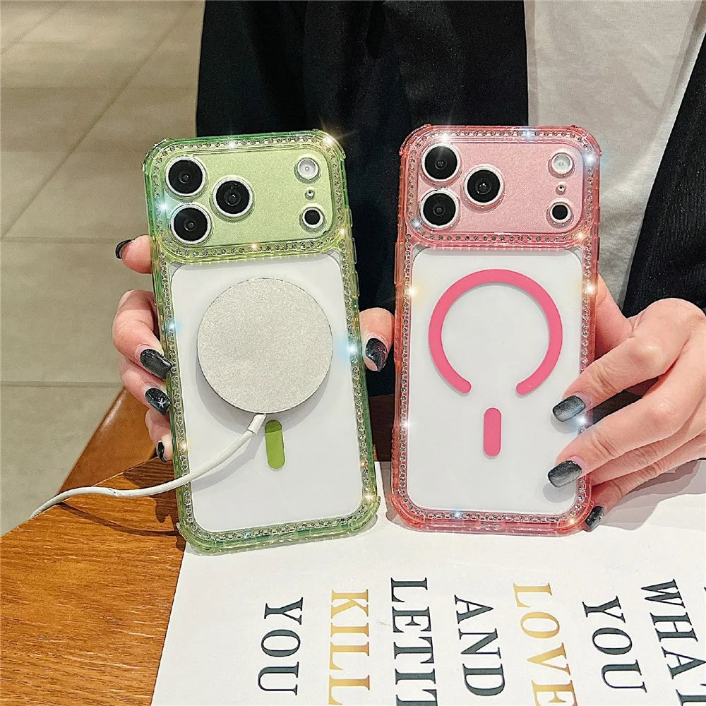 For iPhone 18 Pro Max / 17 Pro Max Magnetic Phone Case Sparkling Rhinestone Decor TPU + Acrylic Transparent Cover Compatible with MagSafe - Green - 2