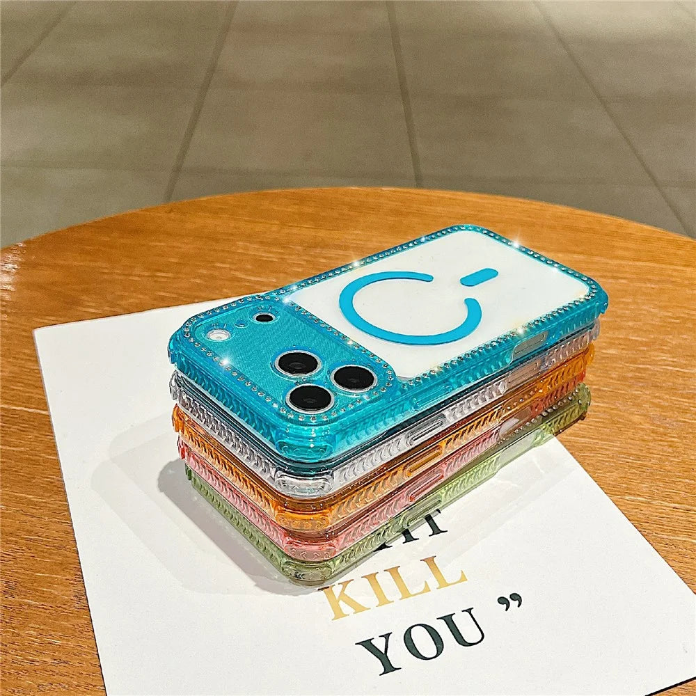 For iPhone 18 Pro Max / 17 Pro Max Magnetic Phone Case Sparkling Rhinestone Decor TPU + Acrylic Transparent Cover Compatible with MagSafe - Green - 6
