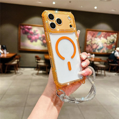 For iPhone 18 Pro Max / 17 Pro Max Magnetic Phone Case Sparkling Rhinestone Decor TPU + Acrylic Transparent Cover with Short Lanyard Compatible with MagSafe - Orange - 1