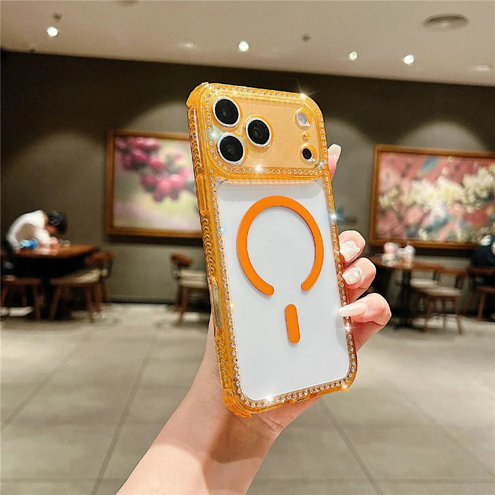 For iPhone 18 Pro Max / 17 Pro Max Magnetic Phone Case Sparkling Rhinestone Decor TPU + Acrylic Transparent Cover with Short Lanyard Compatible with MagSafe - Orange - 2